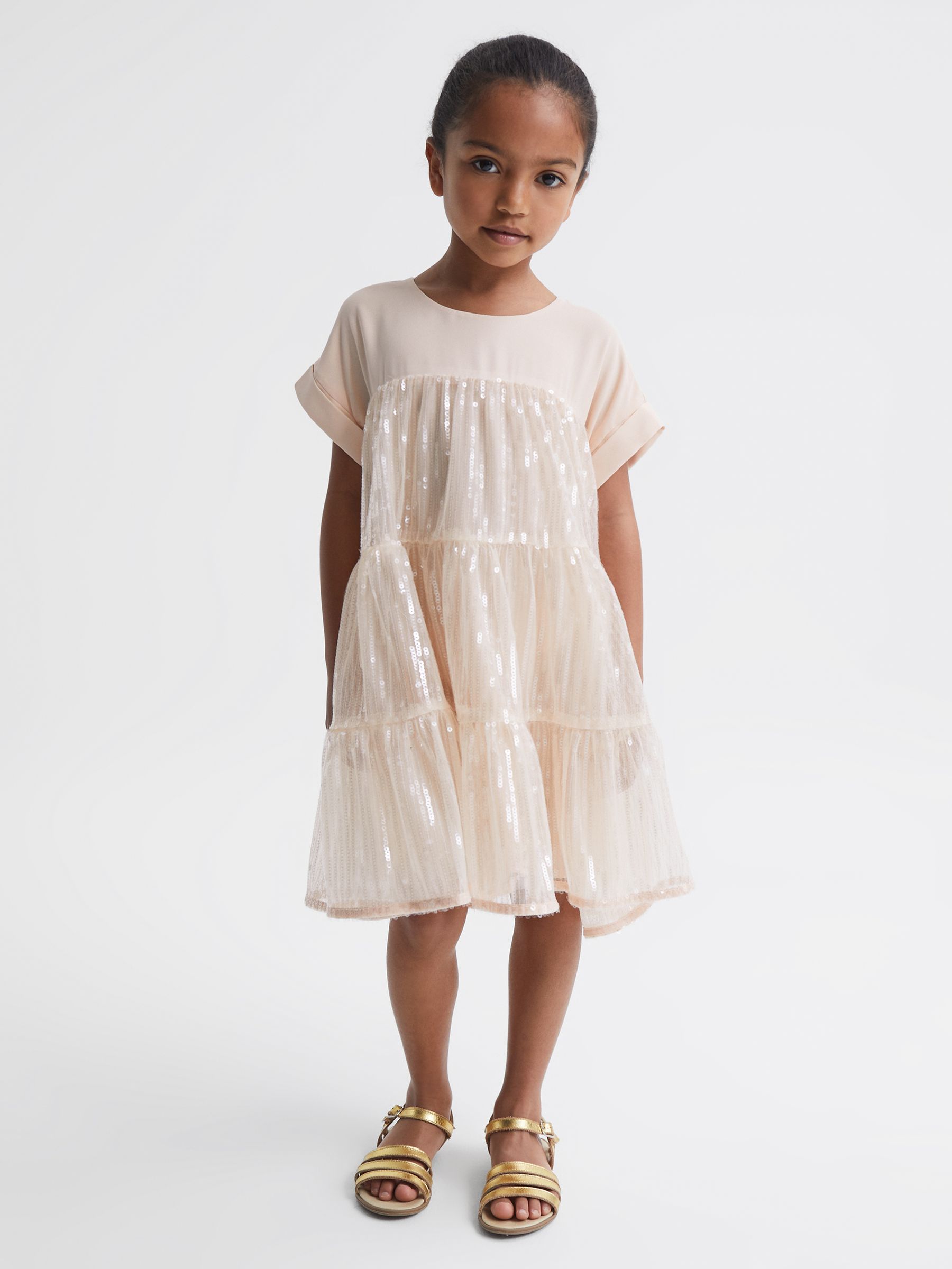 4-9 yrs Sequin Tiered Dress in Pale Pink (D03161) | $89