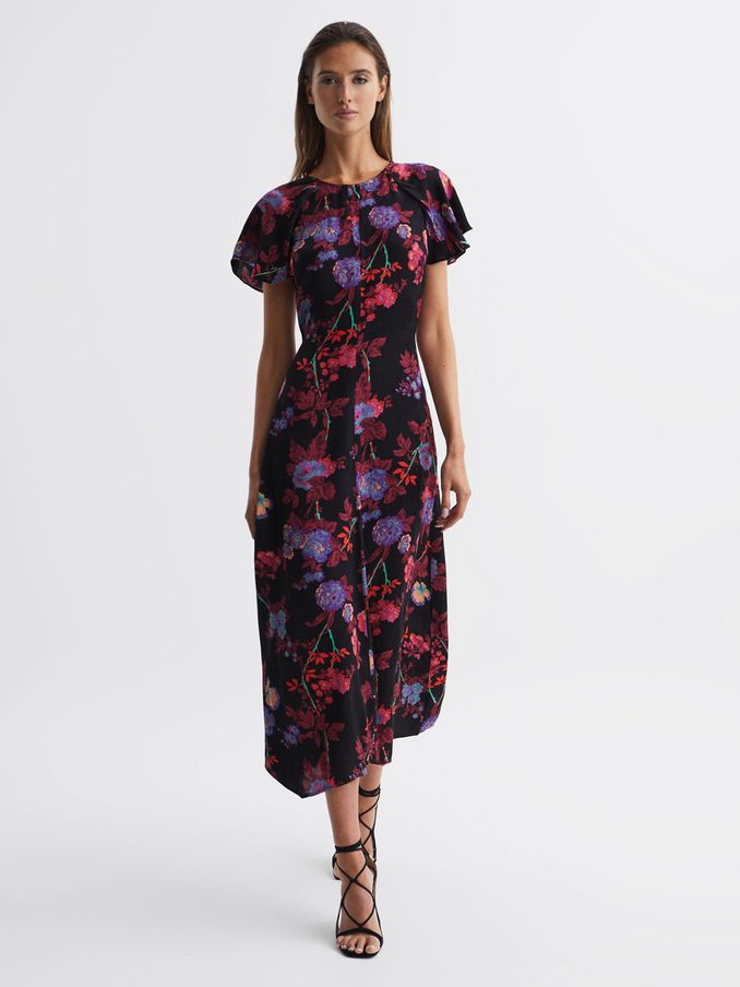 Fitted Floral Print Midi Dress in Black/Pink (D04377) | US$119