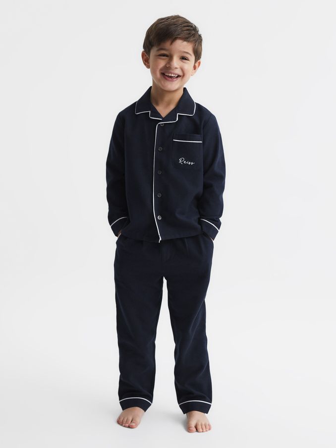 9-12 yrs Button-Through Piped Pyjama Top in Navy (D07932) | US$16