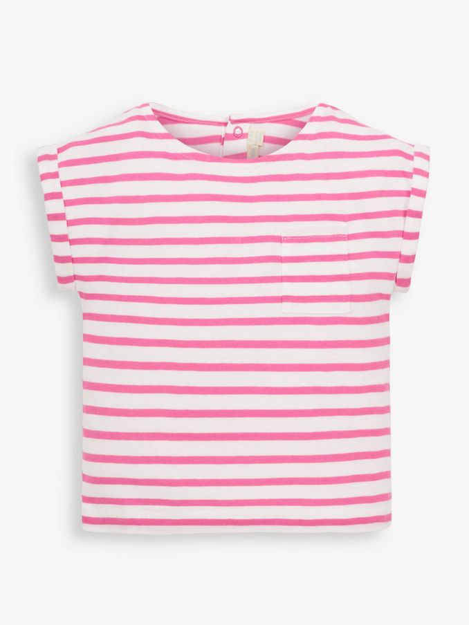 Girls' Breton Stripe Drop Shoulder T-Shirt in Pink (D18235) | $10