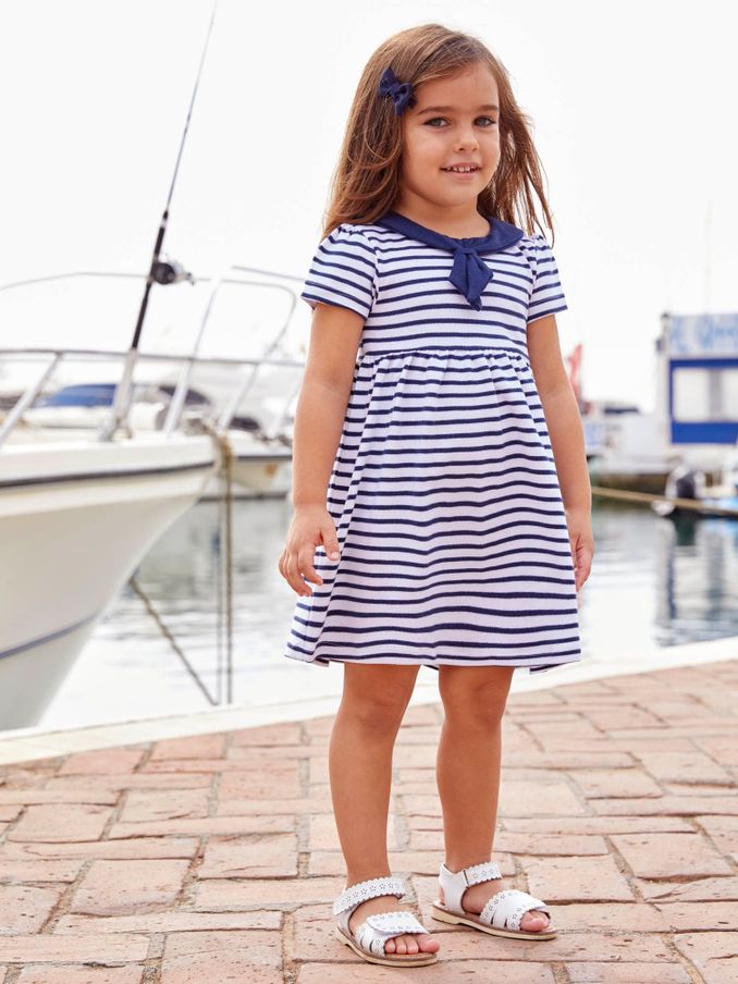 White Navy Stripe Short Sleeve Sailor Jersey Dress (D18718) | $34