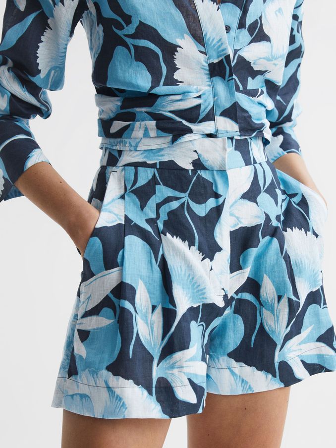 Linen Floral Printed Shorts in Blue Print (D19170) | US$65