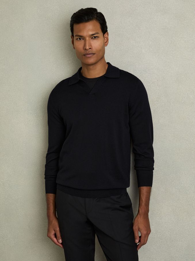 Merino Wool Half-Zip Polo Shirt in Navy (D20390) | €82