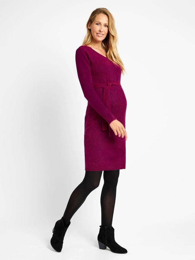 V-Neck Knitted Maternity Dress in Raspberry (D40992) | $18