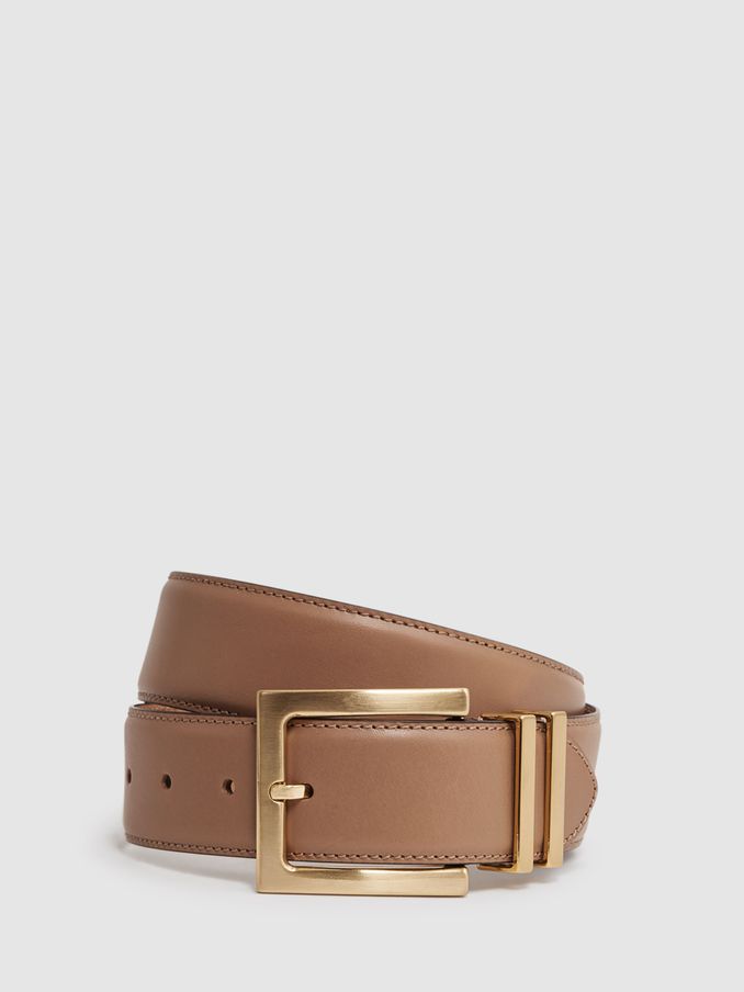Leather Square Buckle Belt in Camel/Taupe (D43713) | US$145