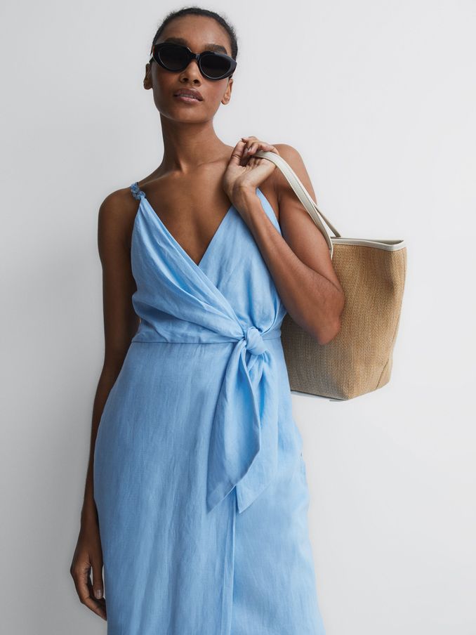 Linen Side Tie Midi Dress in Blue (D43758) | US$78