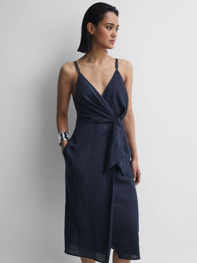 Linen Side Tie Midi Dress in Navy (D43760) | US$92