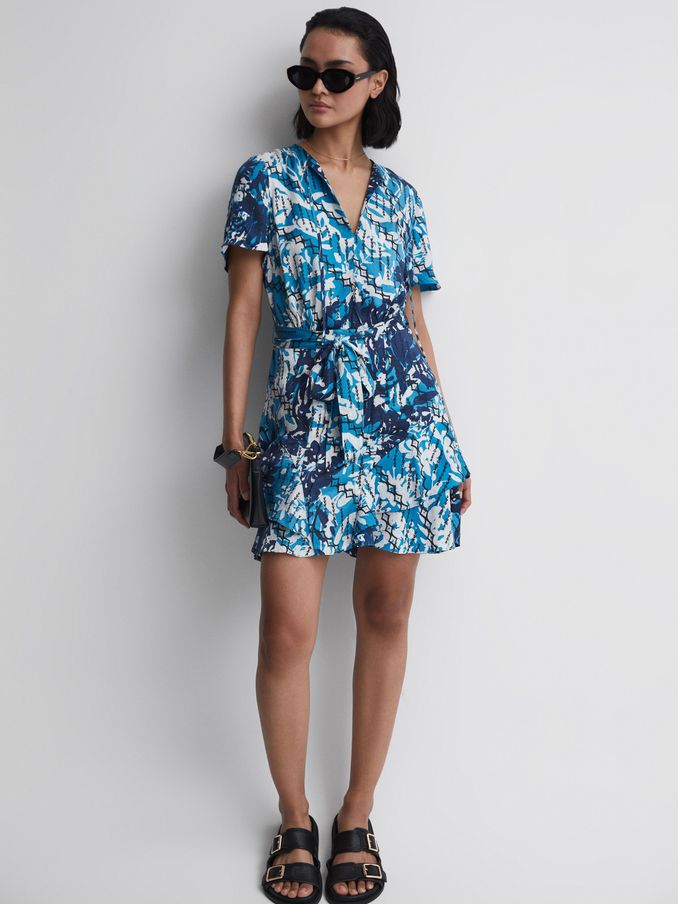 Ditsy Printed Mini Dress in Blue (D43767) | $117