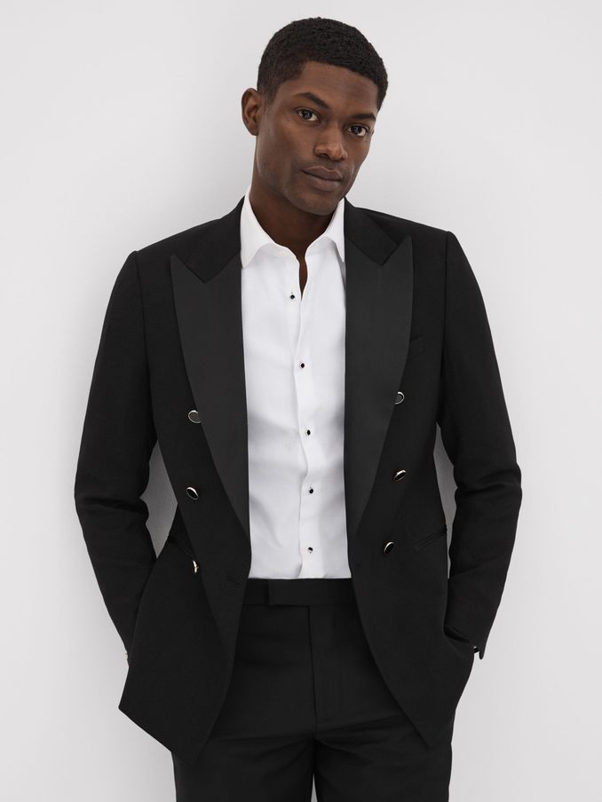 Slim Fit Double Breasted Tuxedo Jacket in Black (D43793) | US$610