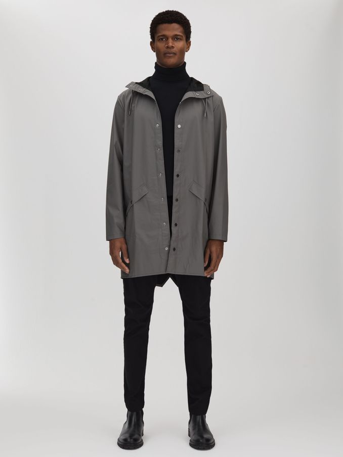 Rains Langer Regenmantel mit Kapuze in Schiefergrau (D45999) | 96 €