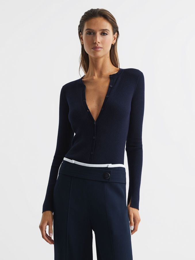 Silk Wool Blend Ribbed Cardigan in Navy (D46382) | €50