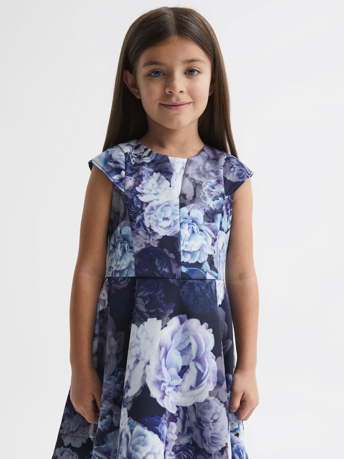9-12 yrs Floral Printed Scuba Dress in Blue (D51058) | $58