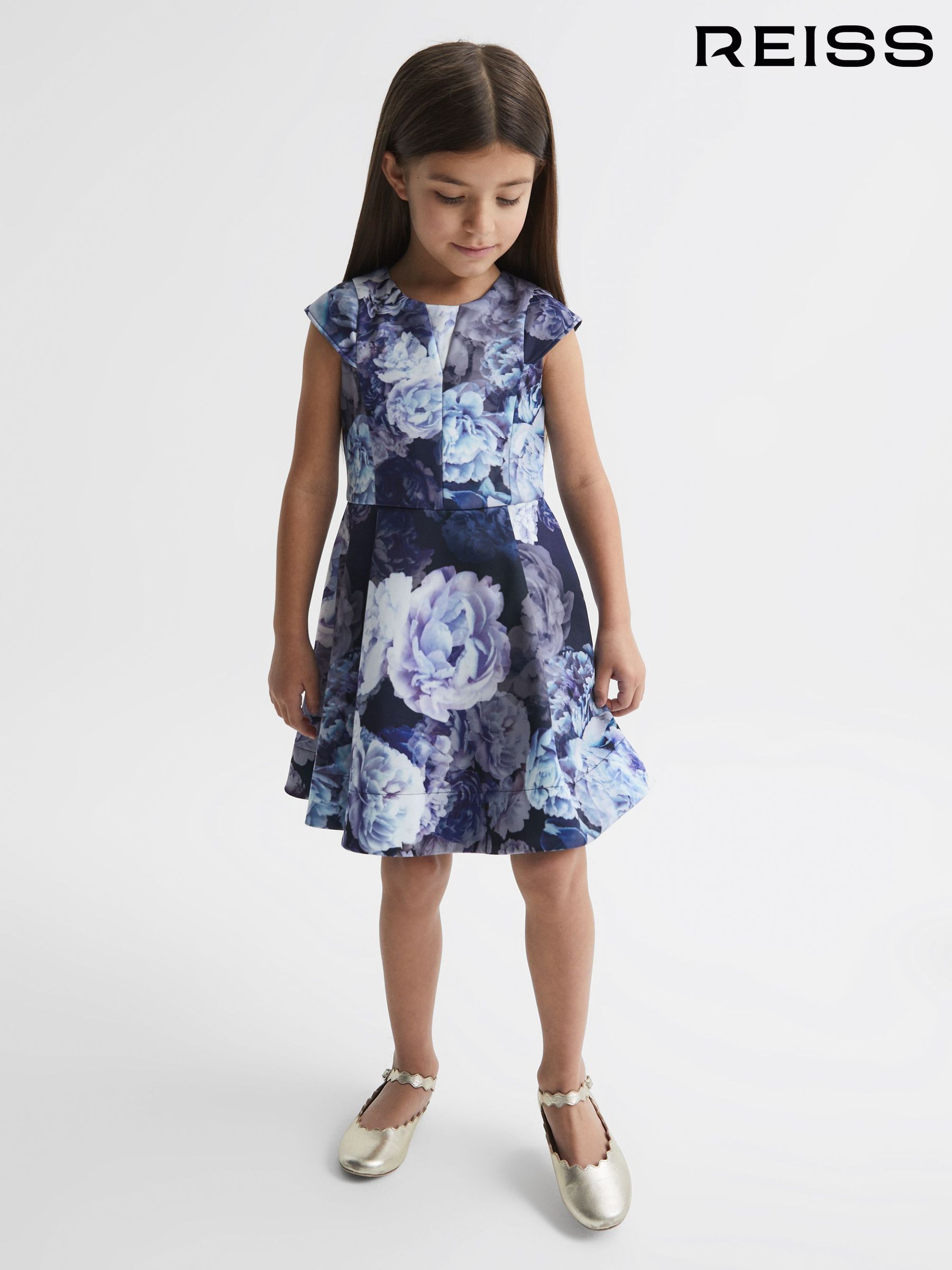 4-9 yrs Floral Printed Scuba Dress in Blue (D51059) | $56