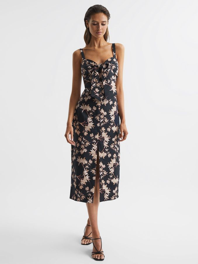 Floral Print Linen Midi Dress in Black/Blush (D54758) | €71