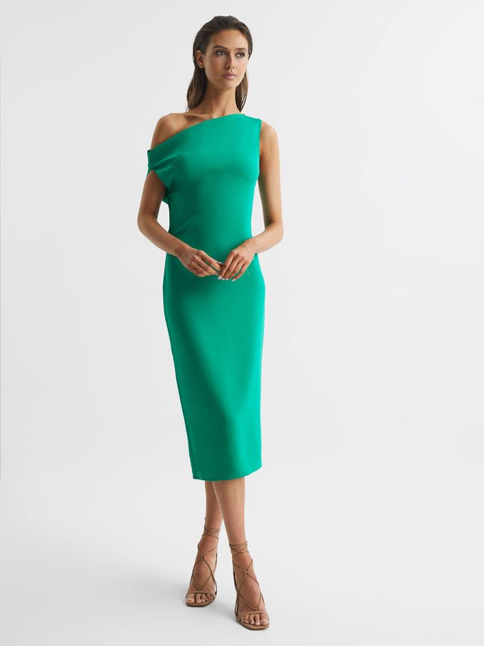 Off-Shoulder Bodycon Midi Dress in Green (D54764) | US$98