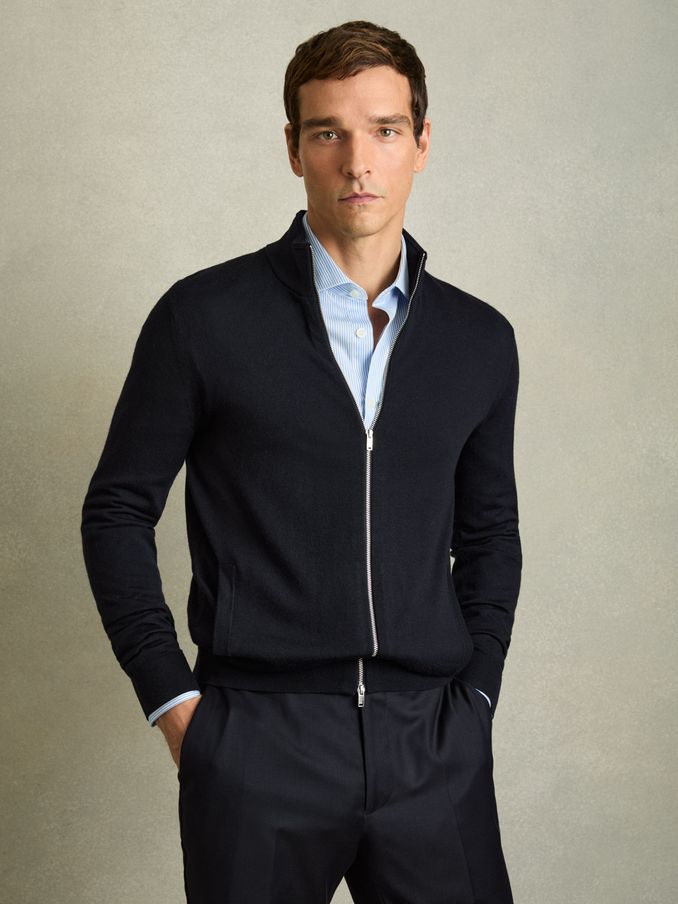 Merino Wool Zip-Through Cardigan in Navy (D54775) | €170