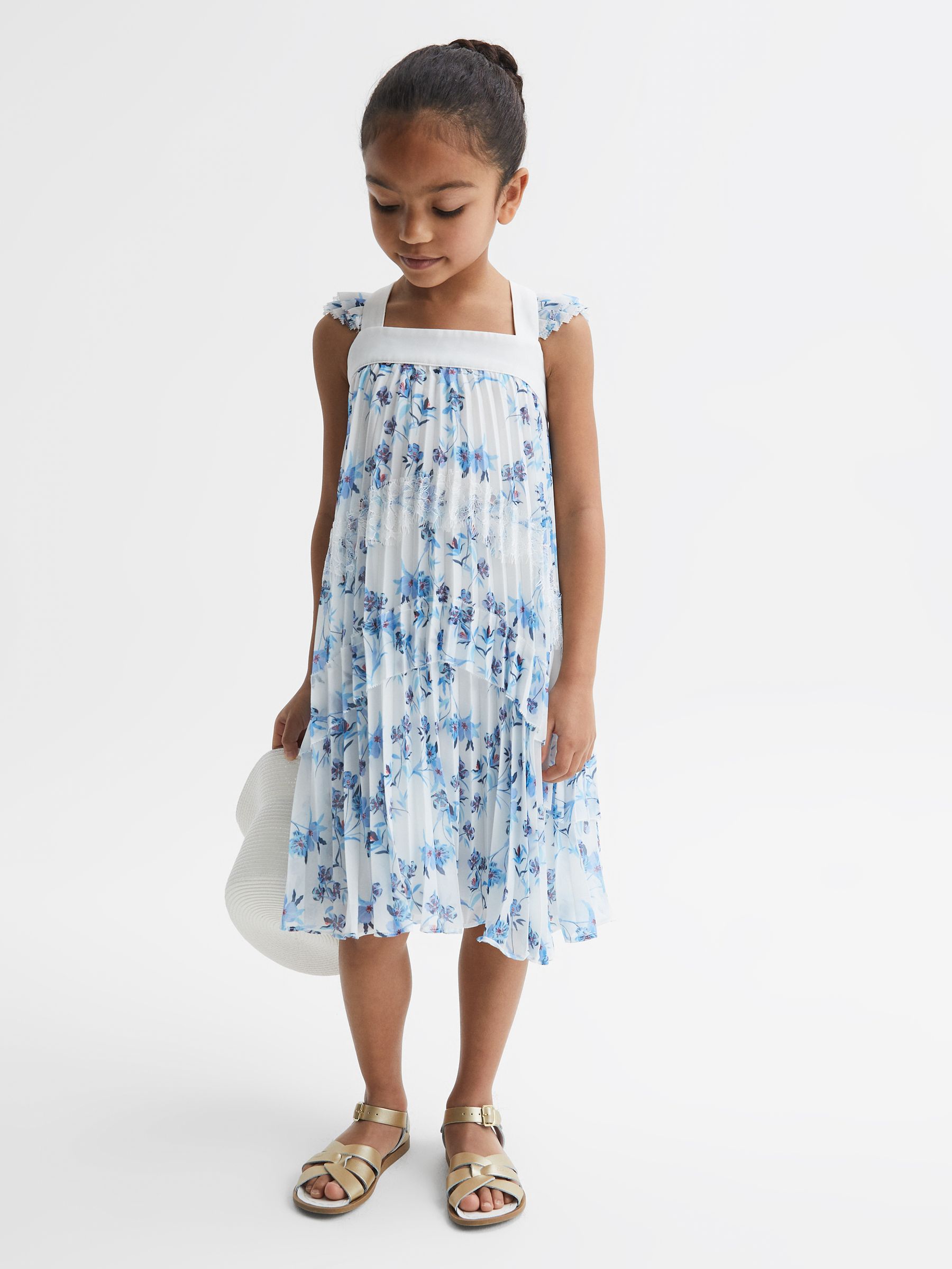 Floral Printed Pleated Dress in Blue Print (D54783) | HK$387