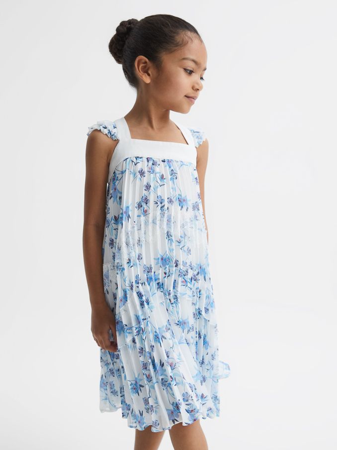 Floral Printed Pleated Dress in Blue Print (D54784) | US$48