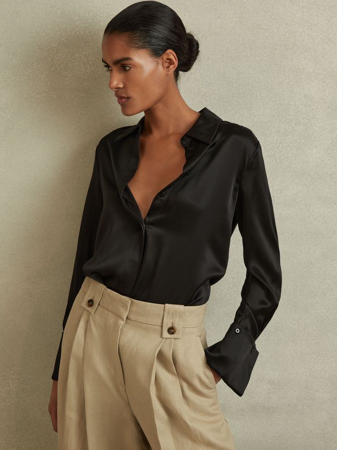 Petite Silk Double-Cuff Button-Through Shirt in Black (D57947) | US$330