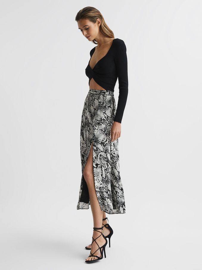 Printed Slip Midi Skirt in Black (D60336) | US$65