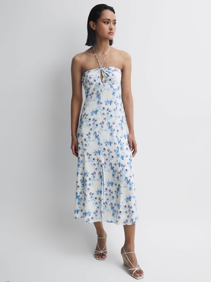 Floral Print Halter Neck Midi Dress in White (D62086) | US$110