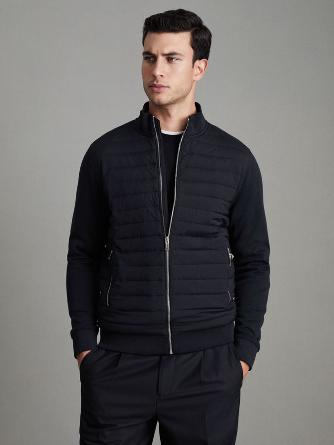 Hybrid Quilt and Knit Zip-Through Jacket in Navy (D62919) | US$166