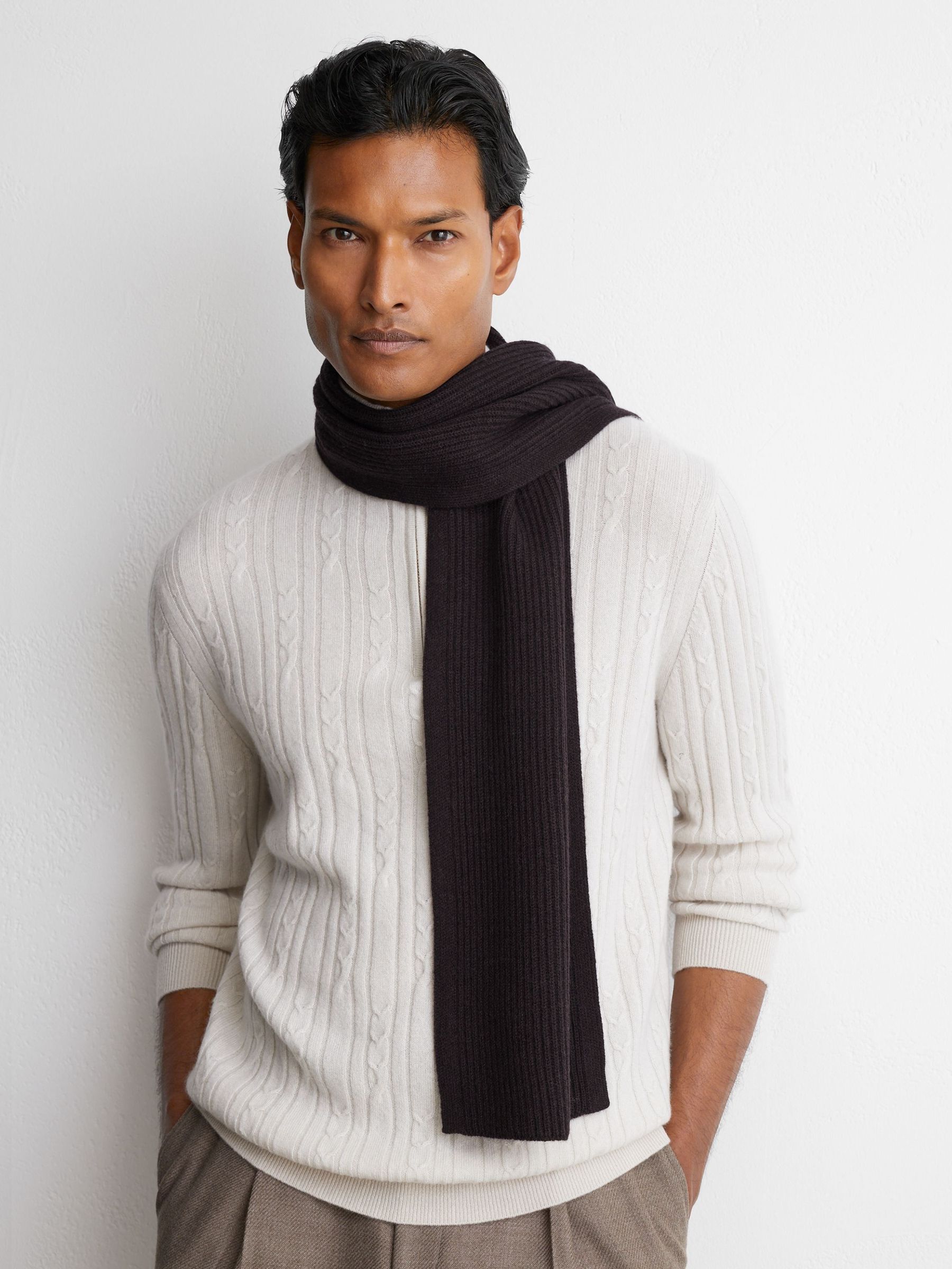 بني - Regular Merino Wool Rib-knit Scarf