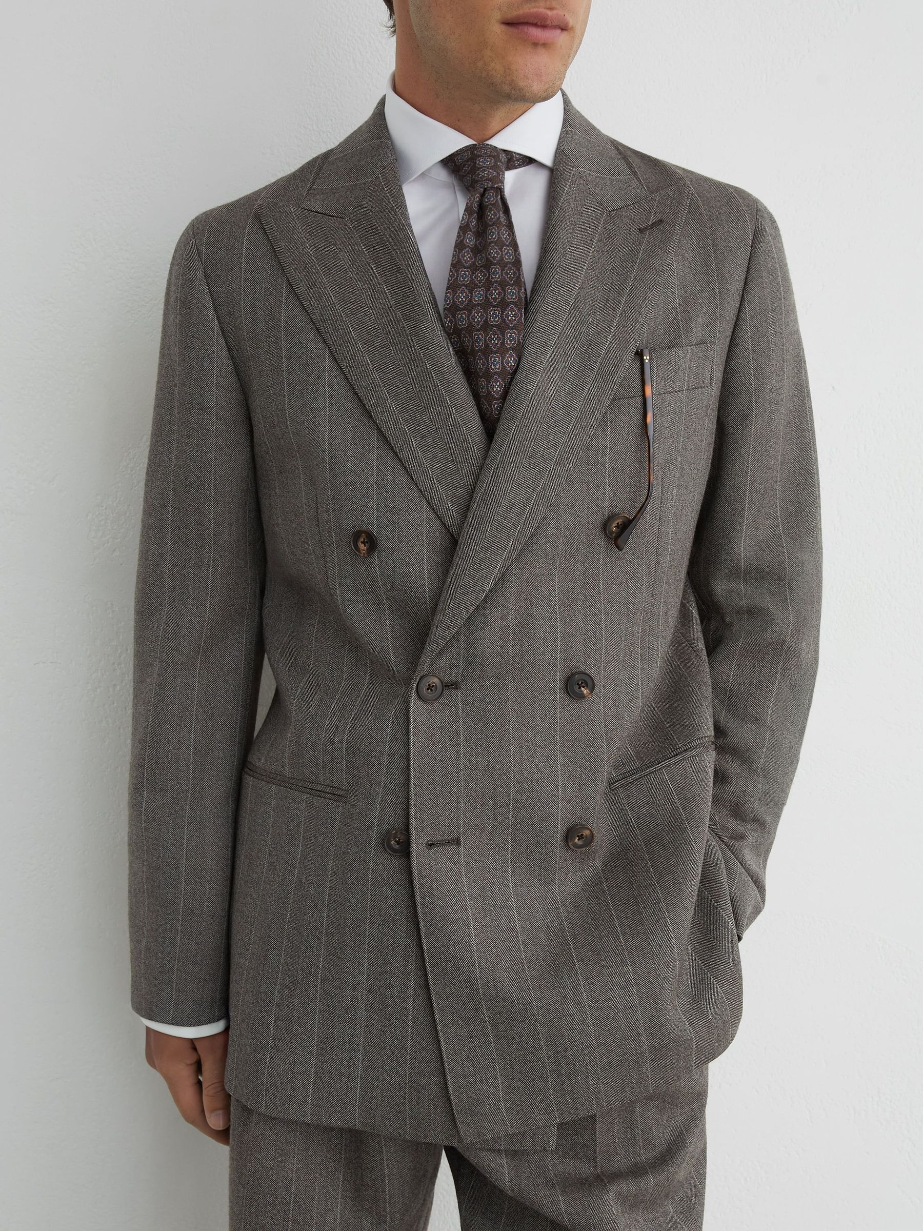 Grey - Regular Wool Double-breasted Pinstripe Suit Blazer Classic-fit