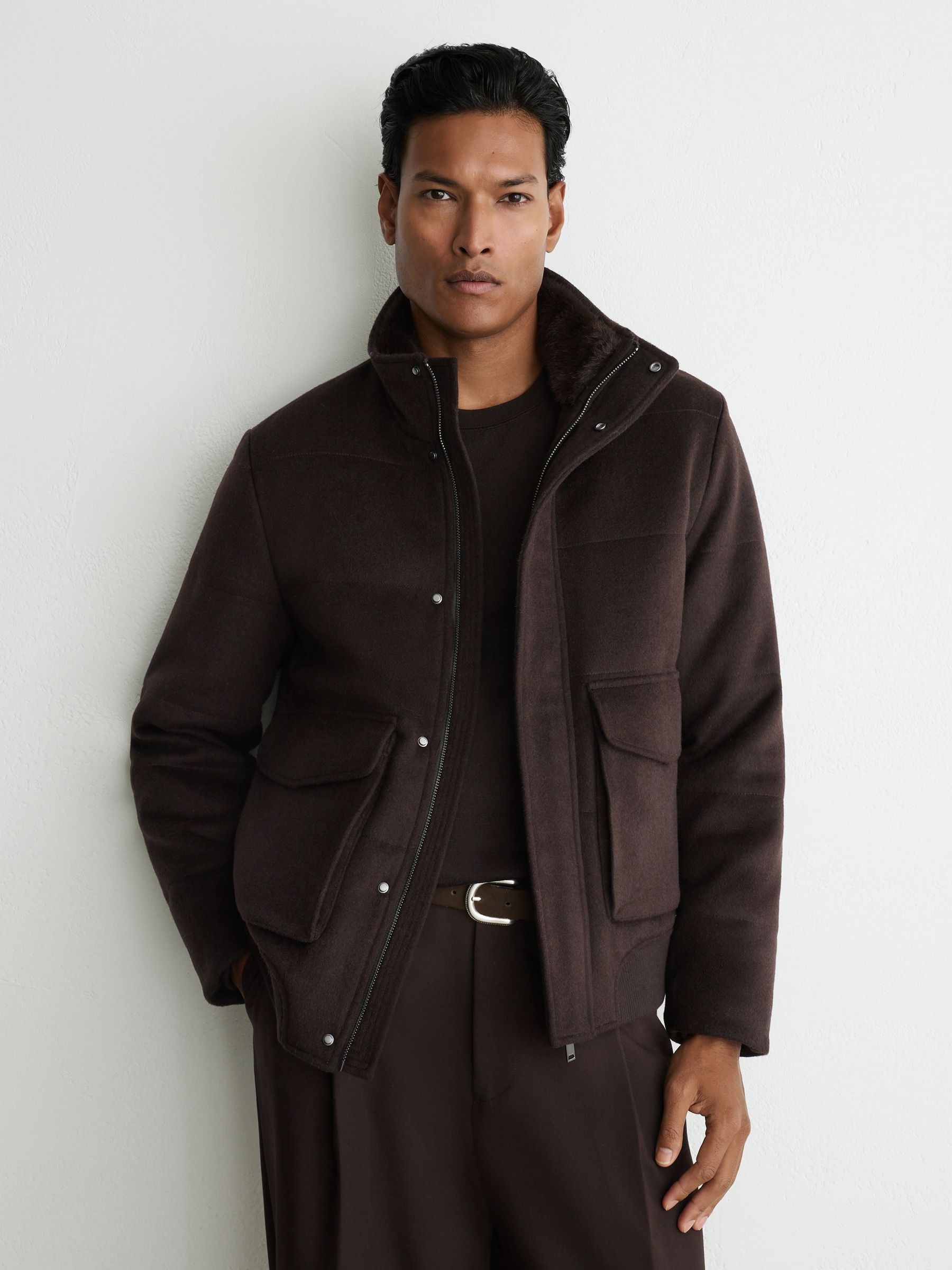 Dark Brown - Regular Wool-blend Faux Fur-collar Quilted Jacket