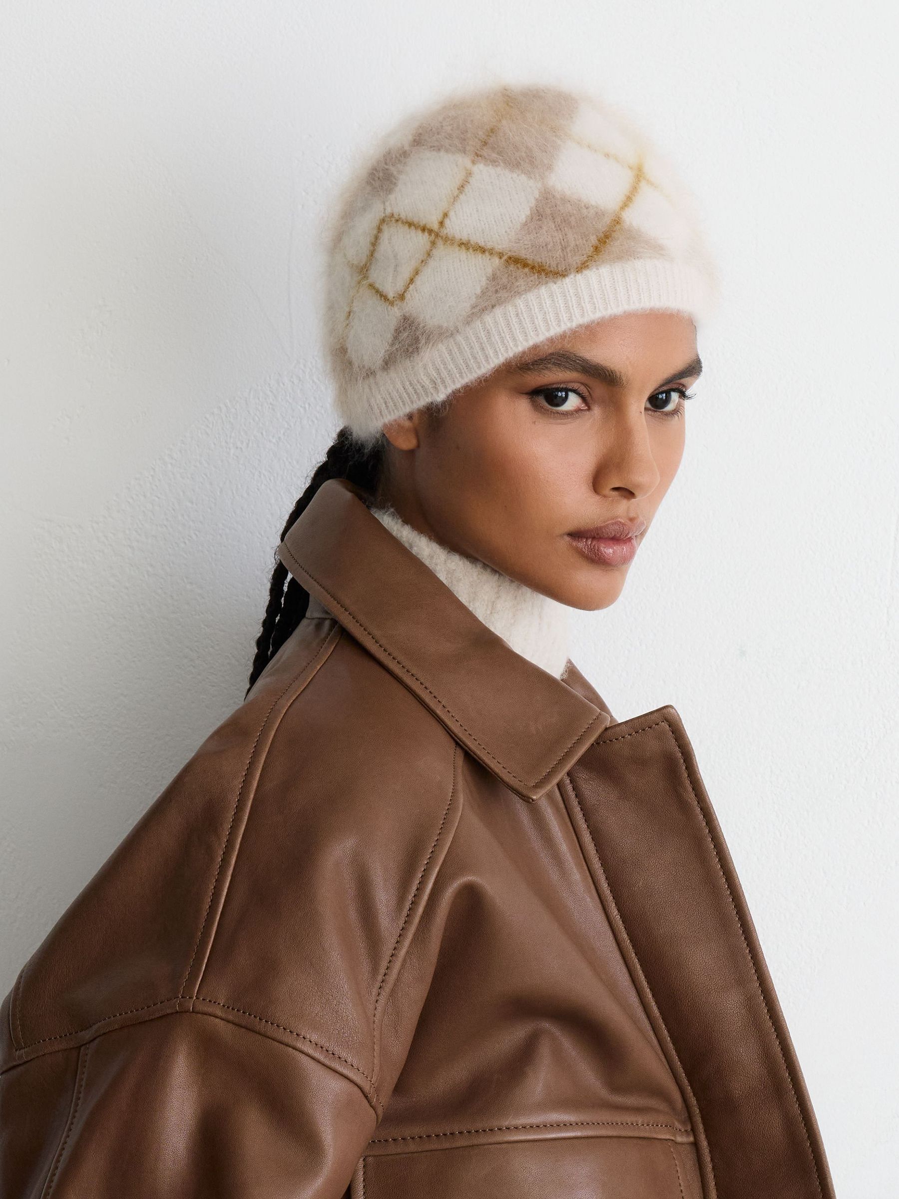 Cream - 100% Brushed Cashmere Argyle Beanie