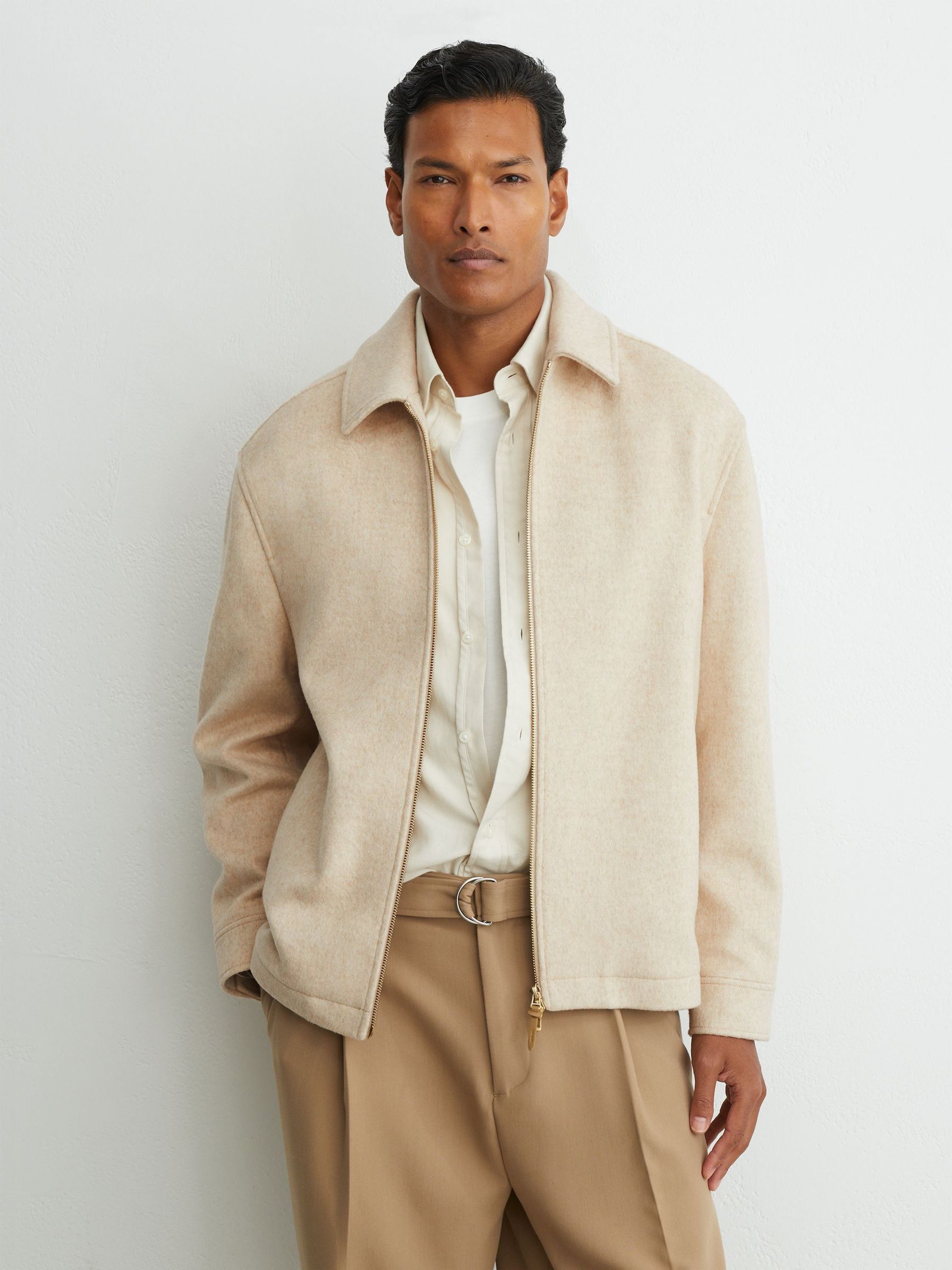 Oatmeal - Regular Brushed Wool-blend Zip-through Overshirt