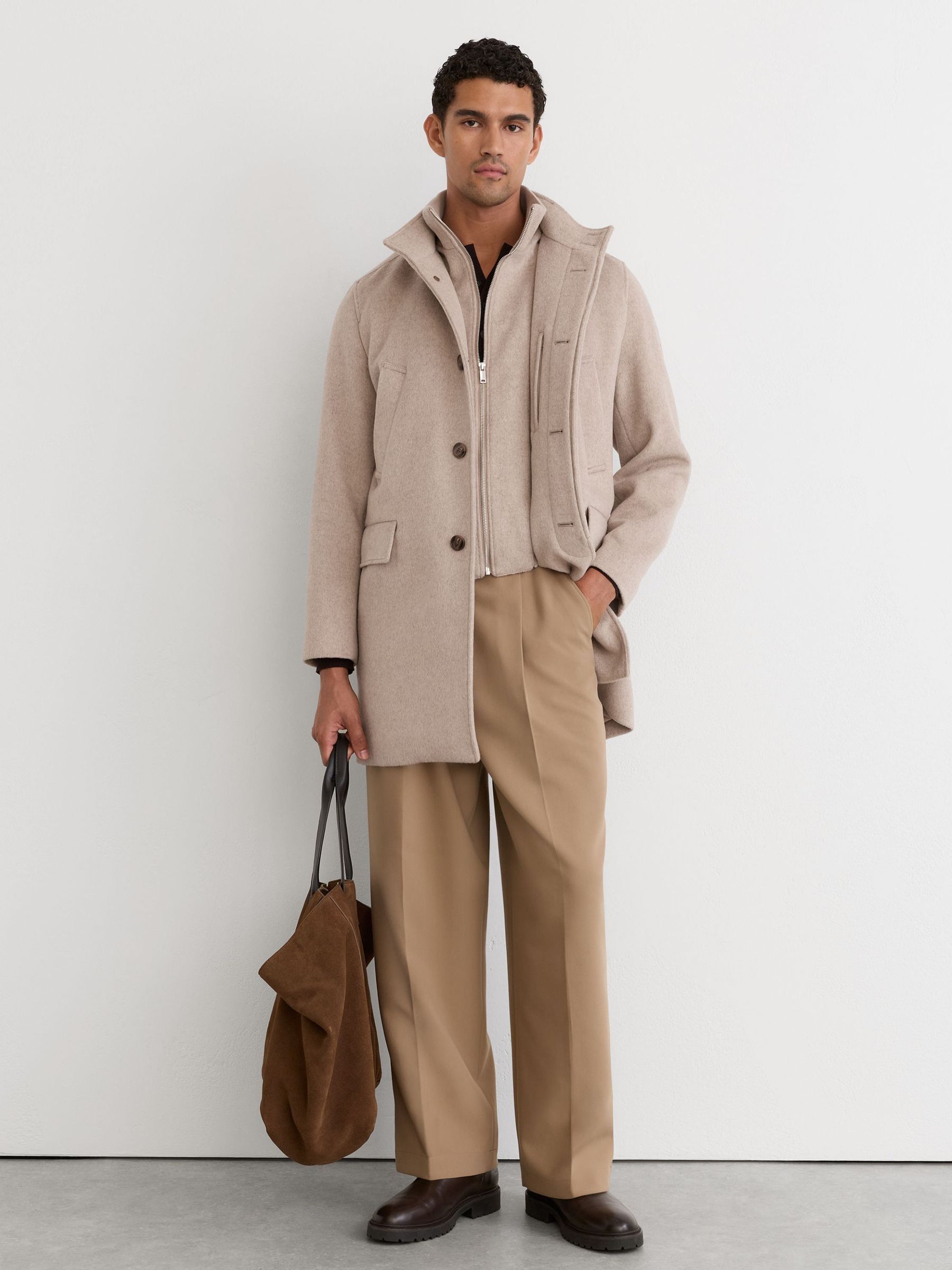 Oatmeal - Regular Wool-blend Gilet-insert Single-breasted Coat