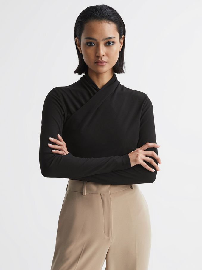 Long Sleeve Cross-Over Top in Black (D65815) | AED213