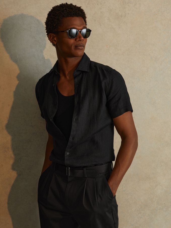 Slim Fit Linen Shirt in Black (D65826) | US$65
