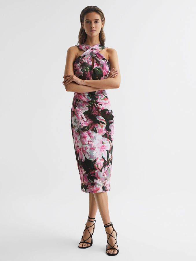 Floral Print Halter Midi Dress in Pink (D65870) | CHF 100