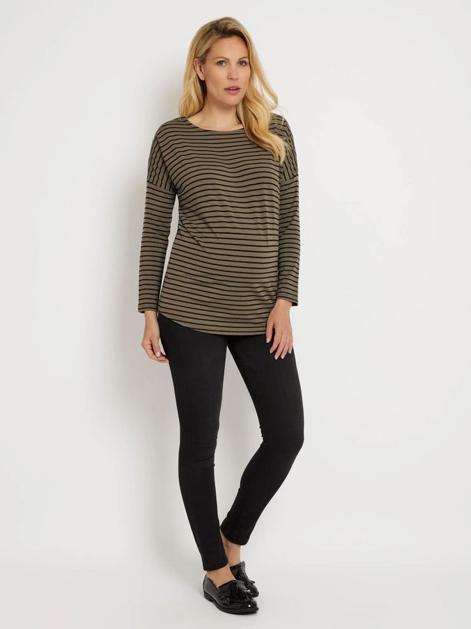 Khaki Stripe Shoulder Opening Maternity & Nursing Top (D66863) | $21