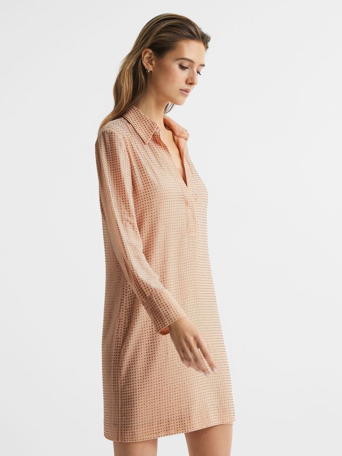 Embellished Mini Shirt Dress in Nude (D68891) | 455 SAR
