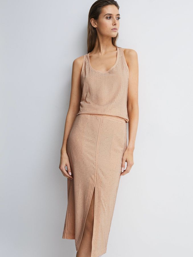 Embellished High Rise Midi Skirt in Nude (D68893) | US$83
