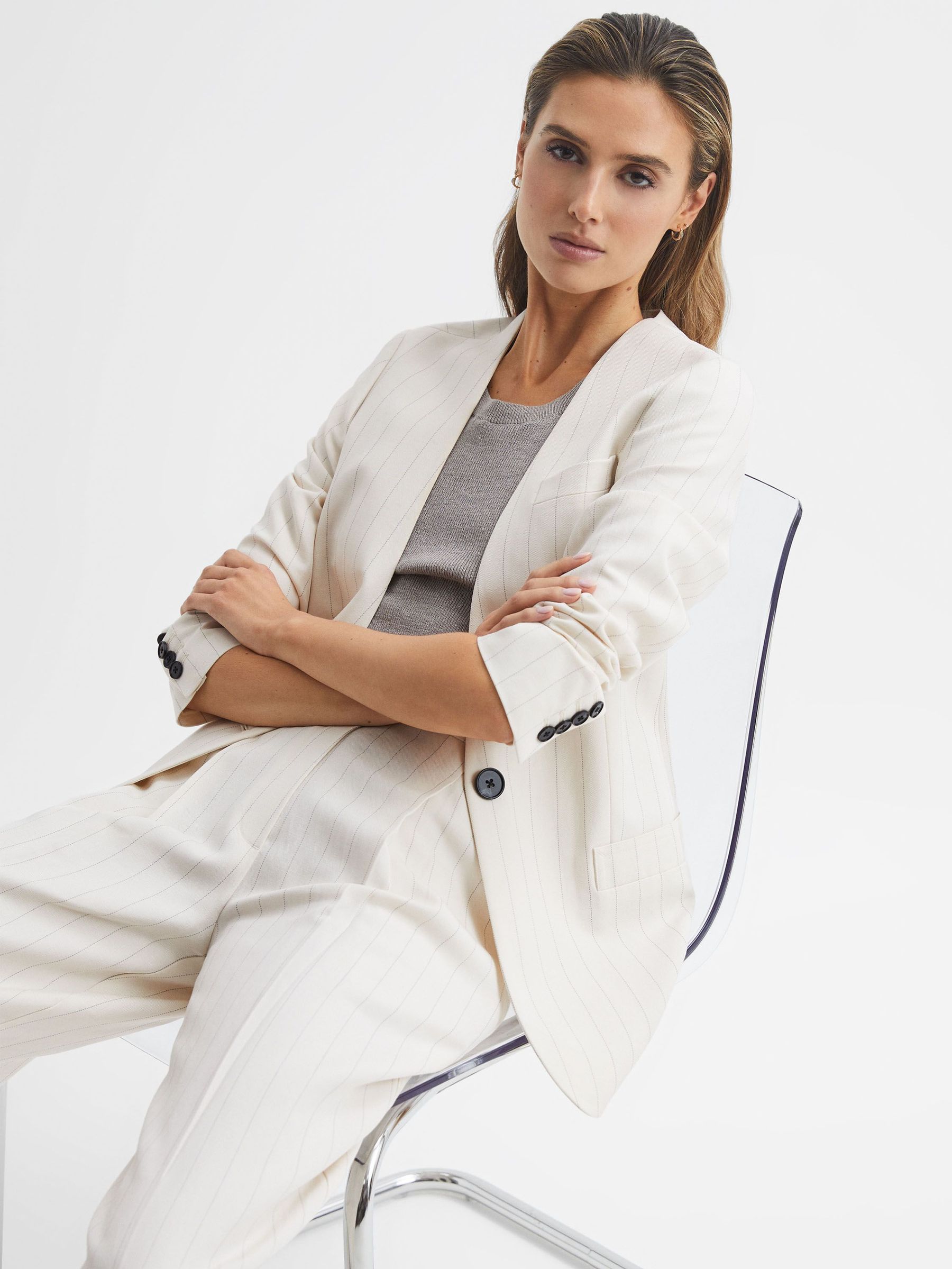 Collarless Pinstripe Blazer in White (D68895) | HK$969