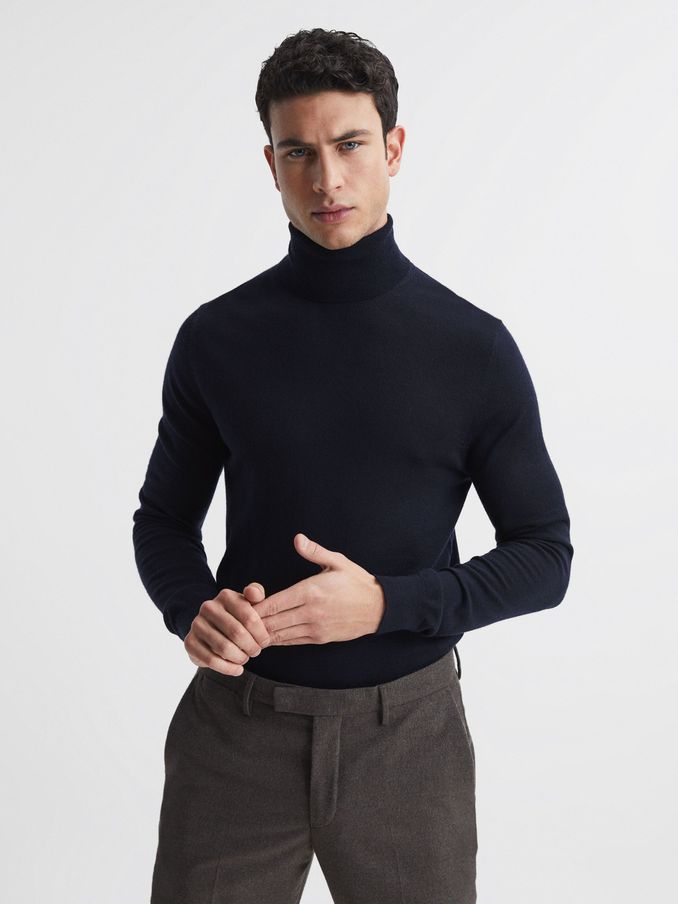 Slim Fit Merino Wool Roll Neck Jumper in Navy (D68957) | €145