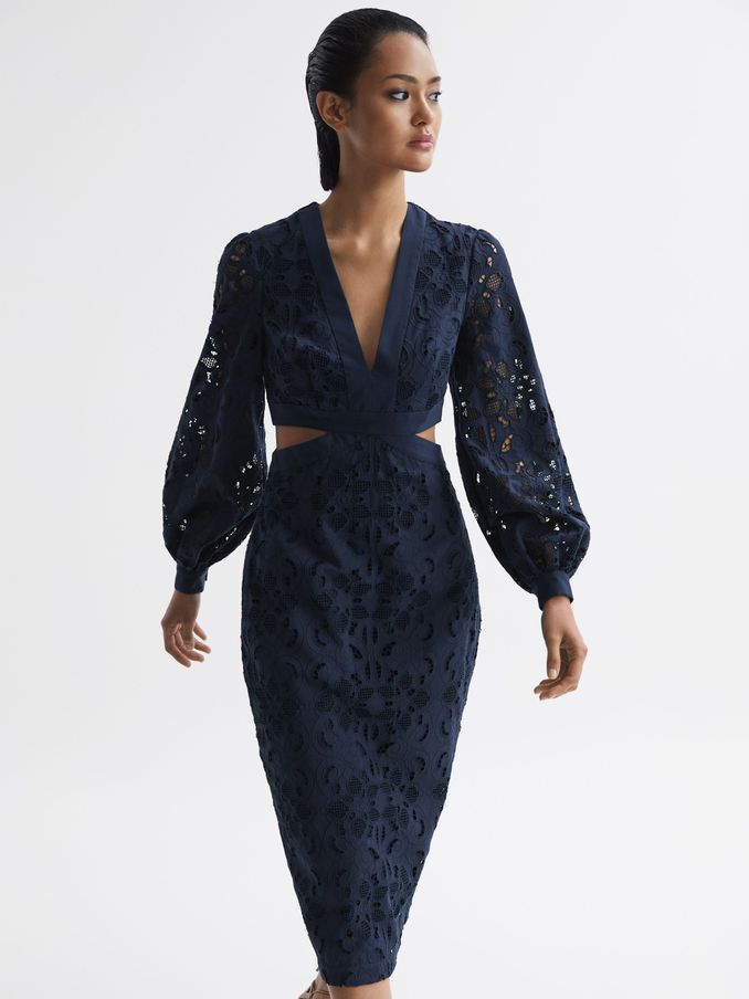Lace Cut-Out Midi Dress in Navy (D68984) | US$258