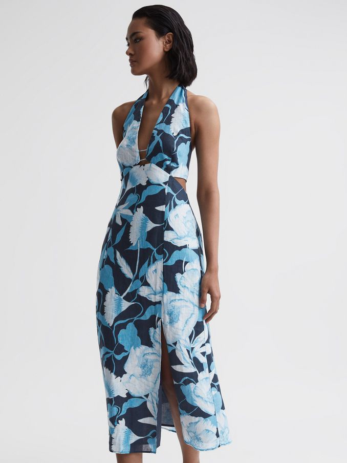 Linen Halter Neck Midi Dress in Navy/Blue (D68985) | €71
