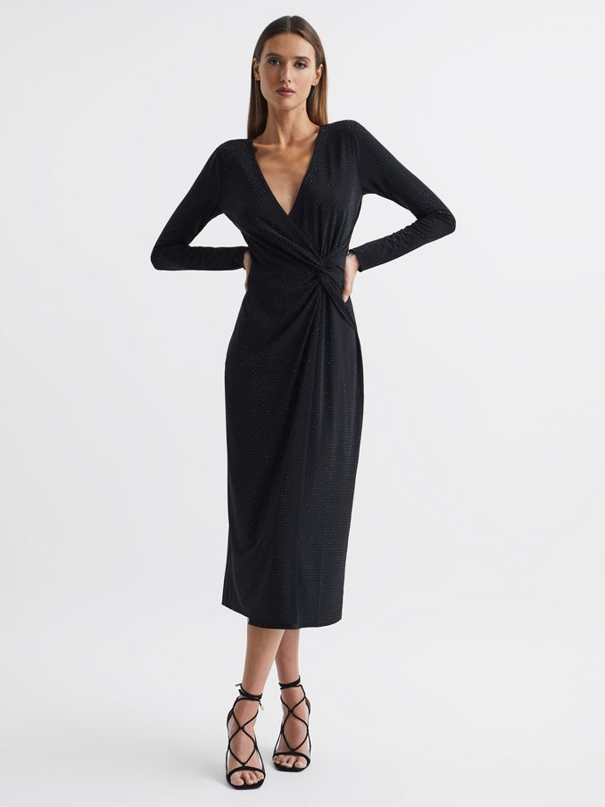 Halston Crystal Jersey Midi Dress in Black (D69344) | CA$480 - CA$629