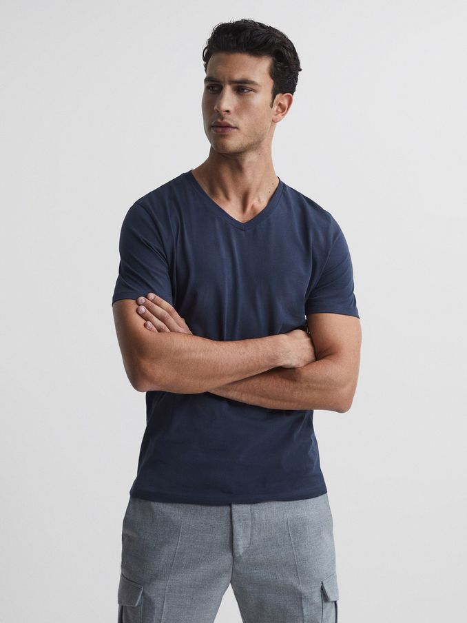 Cotton V-Neck T-Shirt in Airforce Blue (D70192) | $20