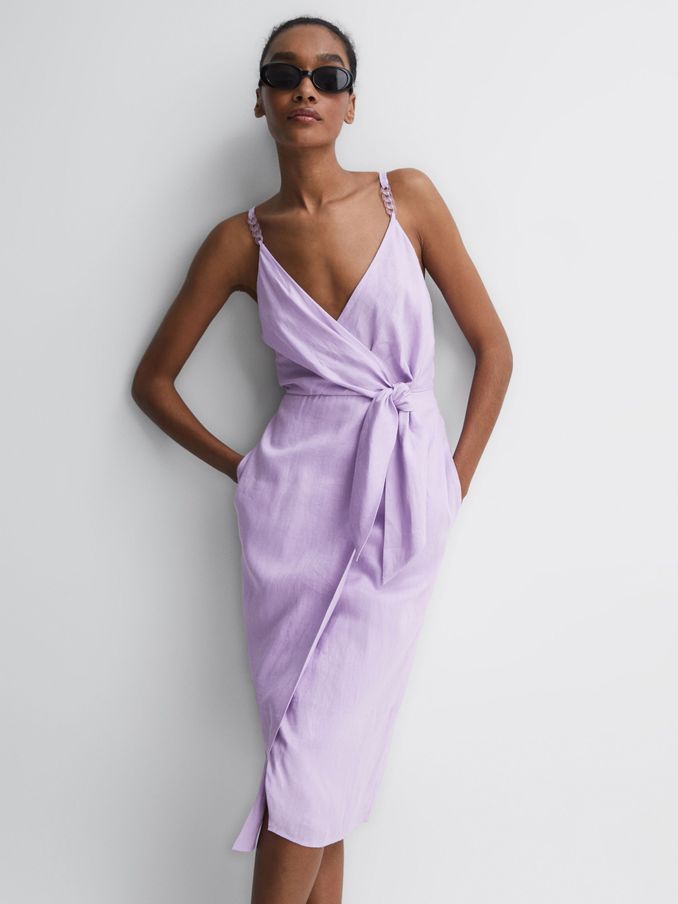 Linen Side Tie Midi Dress in Lilac (D72418) | US$78