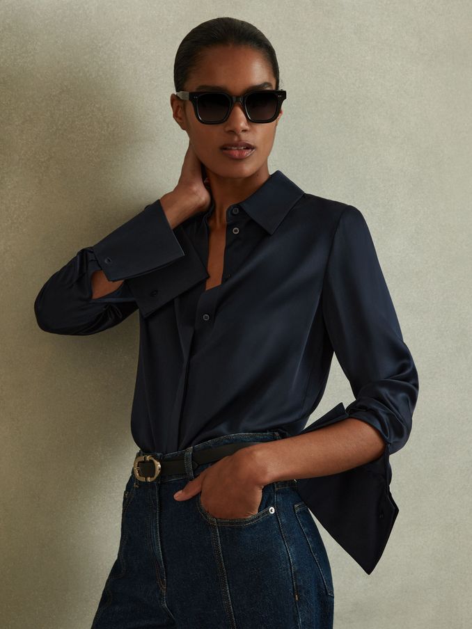 Silk Double-Cuff Button-Through Shirt in Navy (D72433) | US$330