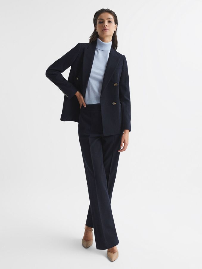 Wool Blend Wide Leg Suit Trousers in Navy (D74476) | US$73