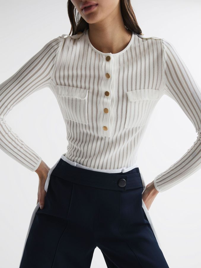 Sheer Striped Long Sleeve Top in Ivory (D75723) | €66