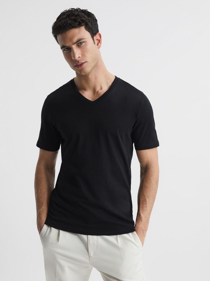 Cotton V-Neck T-Shirt in Black (D75724) | US$12