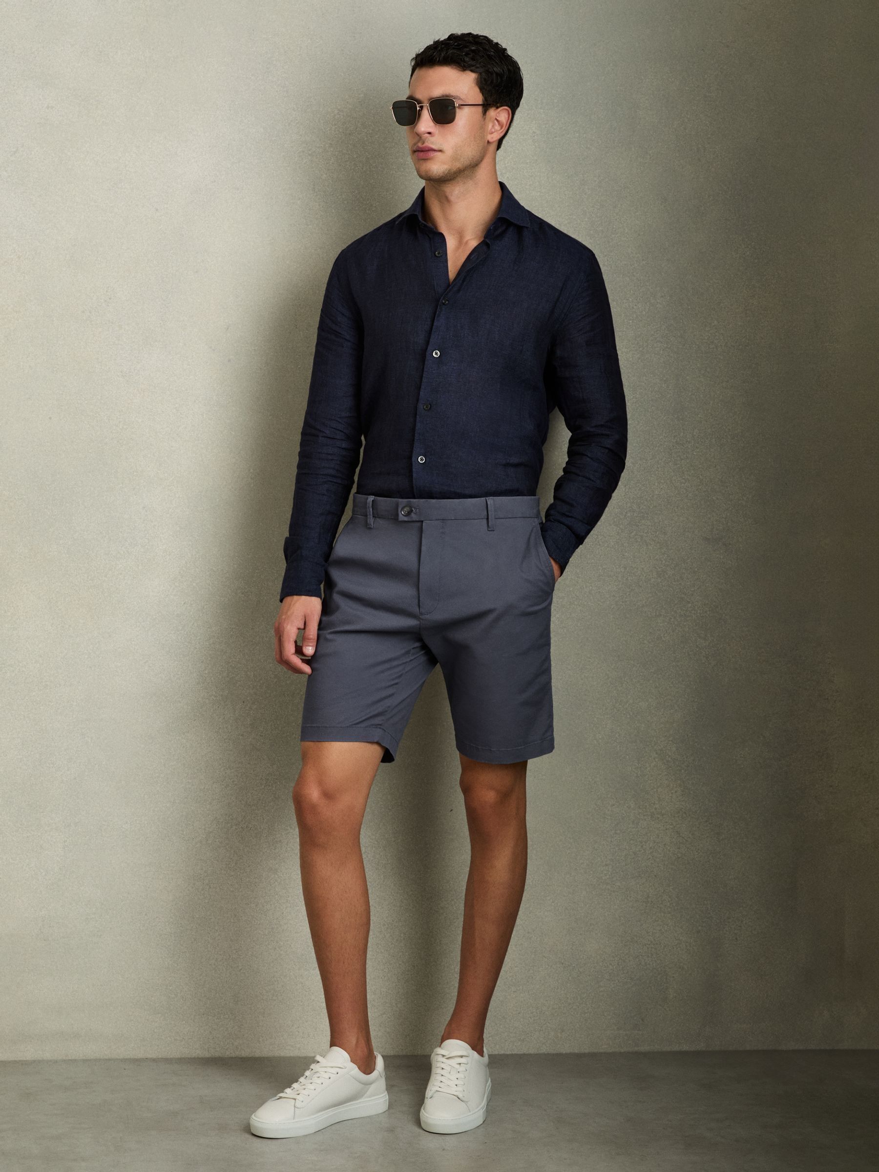 Modern Fit Cotton Blend Chino Shorts in Airforce Blue (D76848) | $155